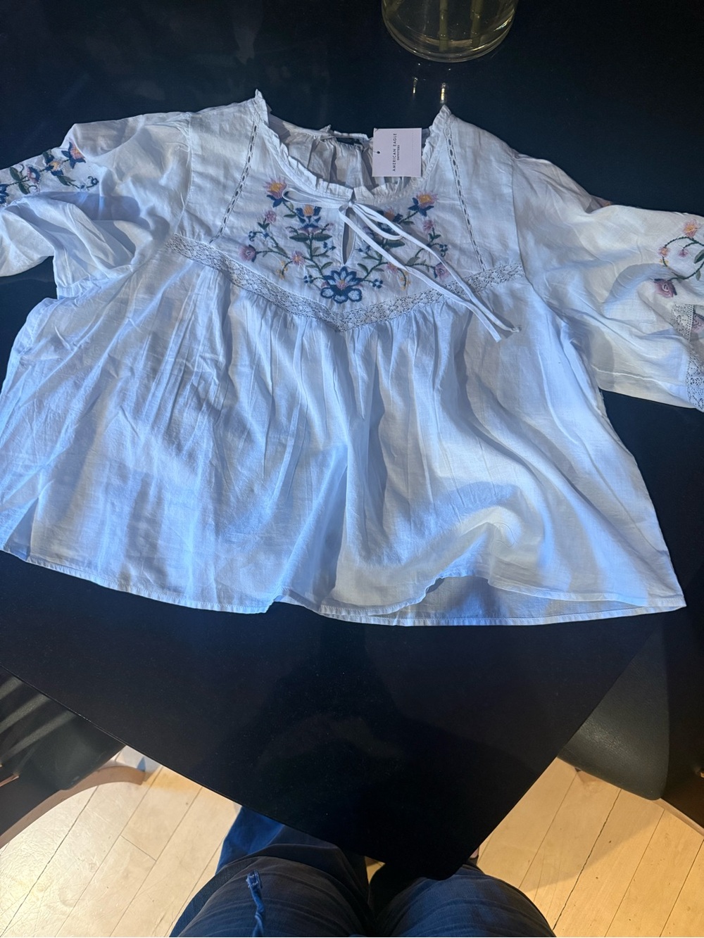 American Eagle Light Blue Embroidered Peasant Top for Women